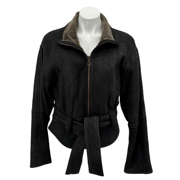 Andrew Marc Suede Shearling Jacket Women SZ S Black Belted Shearling Moto Biker - Picture 1 of 14